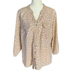Notations Petites beige and white long sleeve button down v-neck blouse size PL